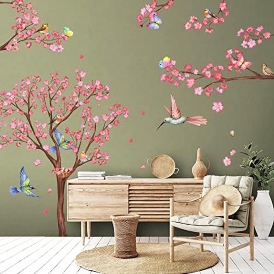 PolkaHome Muursticker grote boom kersenbloesem muursticker roze kersenboom bloemen vogels op boom tak muursticker wanddecoratie voor woonkamer slaapkamer kinderkamer bank achtergrond