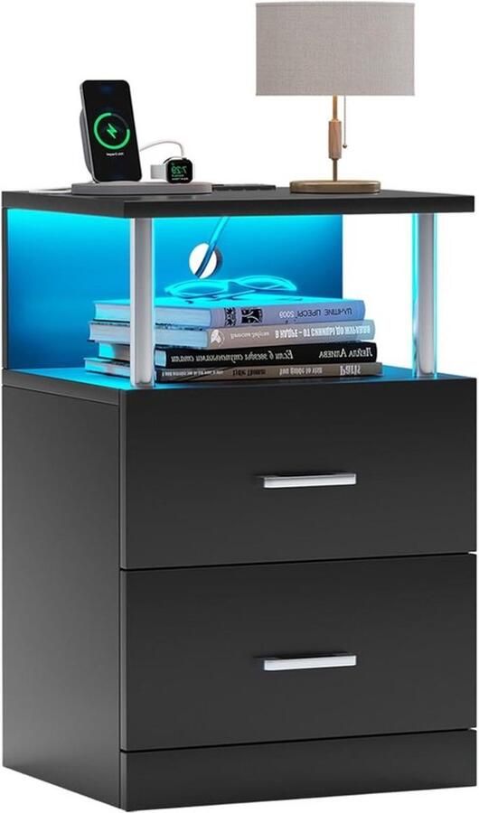 PolkaHome Nachtkastje met laadstation en ledverlichting nachtkastje met open geheugen 2 laden 2 AC-stopcontacten 2 USB-poorten moderne bijzettafel voor slaapkamer (1 zwart)