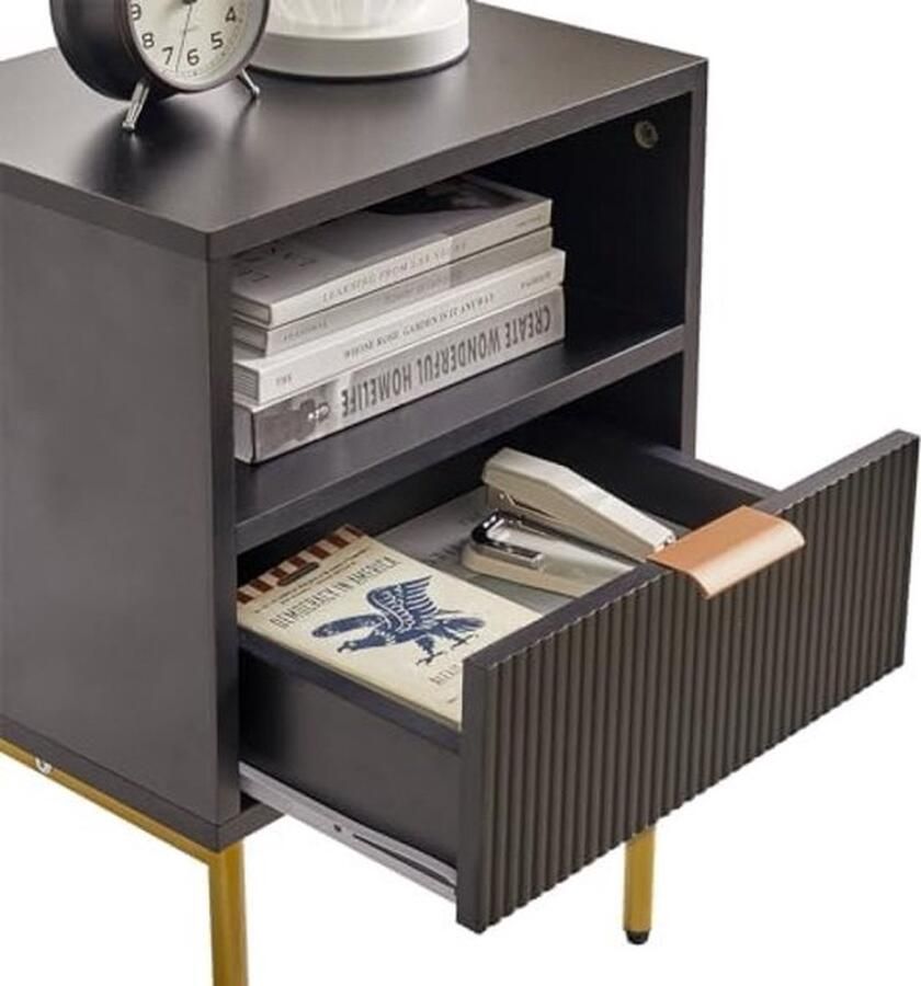 PolkaHome Nachtkastje Mid-Century Modern met Opberglade en Gouden Frame Zwart