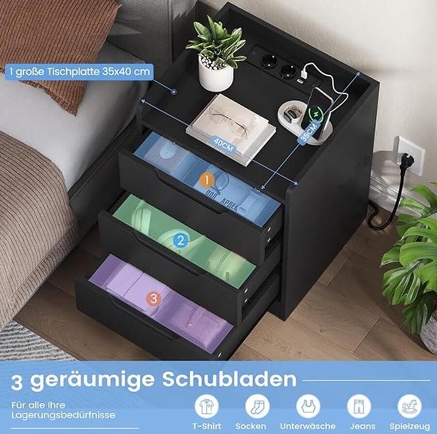 PolkaHome Nachtkastje set van 2 met laadstation (2 AC-stopcontacten 2 USB-poorten) set van 2 met 3 laden bijzettafel voor woonkamer slaapkamer werkkamer eenvoudige montage zwart