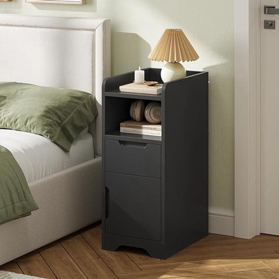 PolkaHome Nachtkastje set van 2 smal nachtkastje set van 2 met 1 open vak 1 lade en 1 kast met deur bijzettafel smalle banktafel nachtstand voor slaapkamer woonkamer zwart