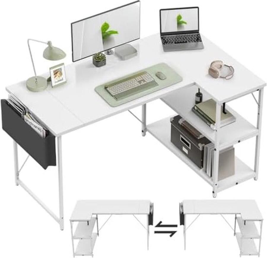 PolkaHome Omkeerbaar Bureau L-vormig Hoekbureau met Opbergvakken Computertafel L-vorm met Hoektafel 2 Niveaus DIY Opbergrekken 140 cm Wit