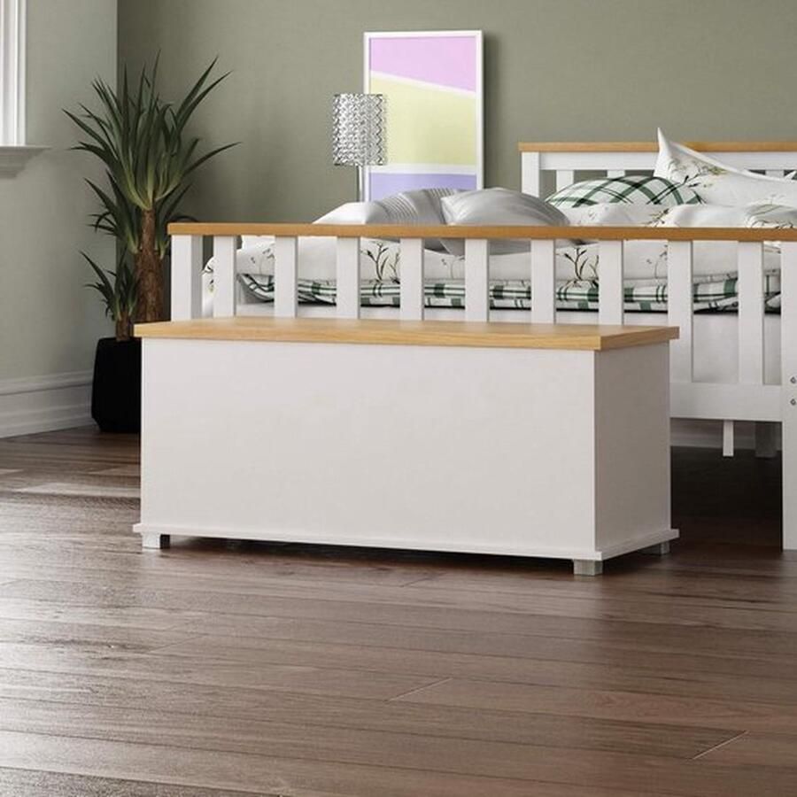 PolkaHome Opbergpoef houten kist met deksel zitting kruk raambank dekens beddengoed speelgoedkist voetenbank wit