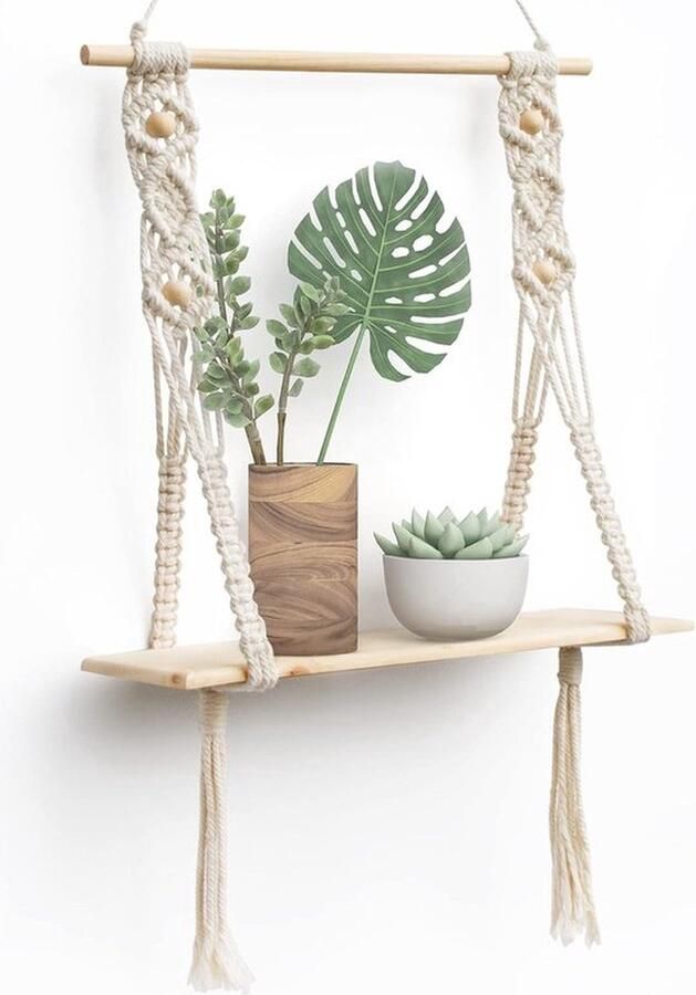 PolkaHome Opknoping Plank Macrame Muur Drijvende Plank Handgemaakte Boho Decor Leuke 1 Tier Zwevende Plank voor Badkamer Slaapkamer Venster