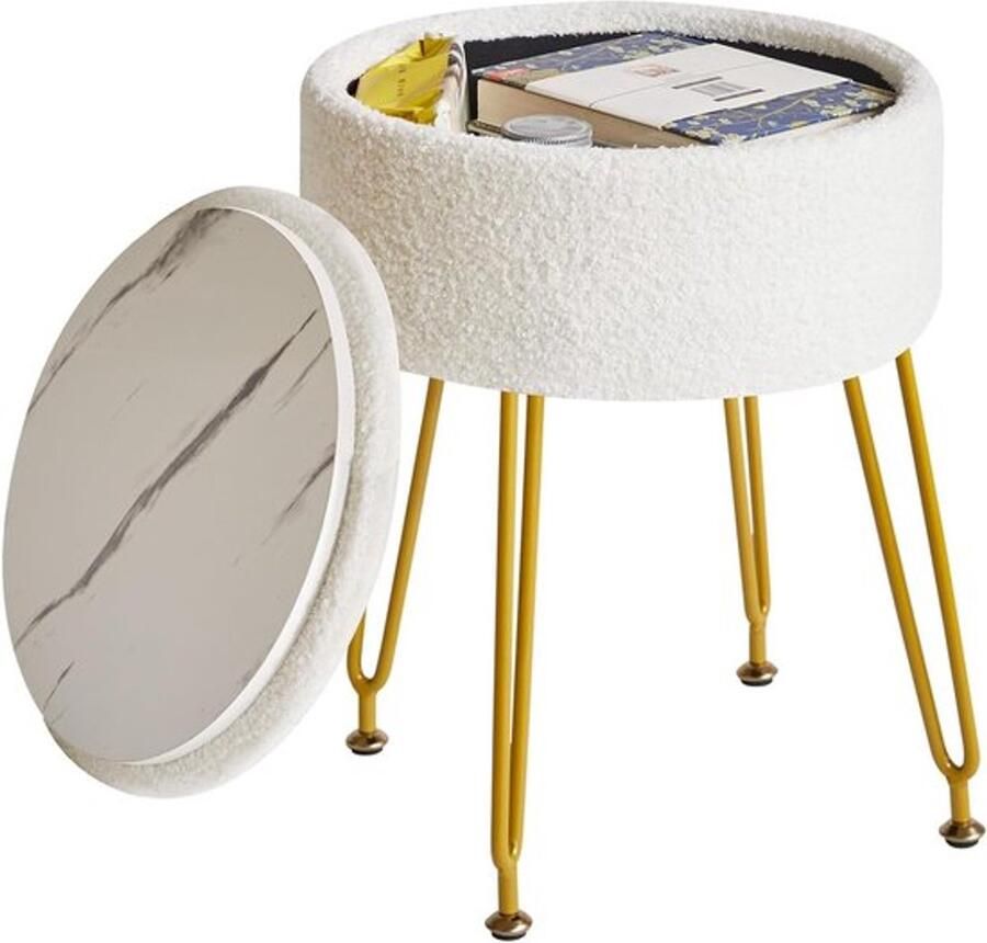 PolkaHome Opslag Voetsteun Kruk Ottomaanse Make-up Vanity Kruk Bijzettafel met Afneembare Cover Gouden Stalen Poten Salontafel Top Cover Wit WBD010W Teddy Velvet