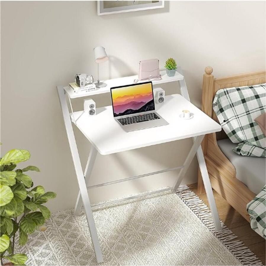 PolkaHome Opvouwbaar Bureau Geen Montage Nodig Groot Formaat Computerbureau Met 2-Tier Plank Studietafel Laptop Opvouwbare Tafel Voor Kleine Ruimtes Wit