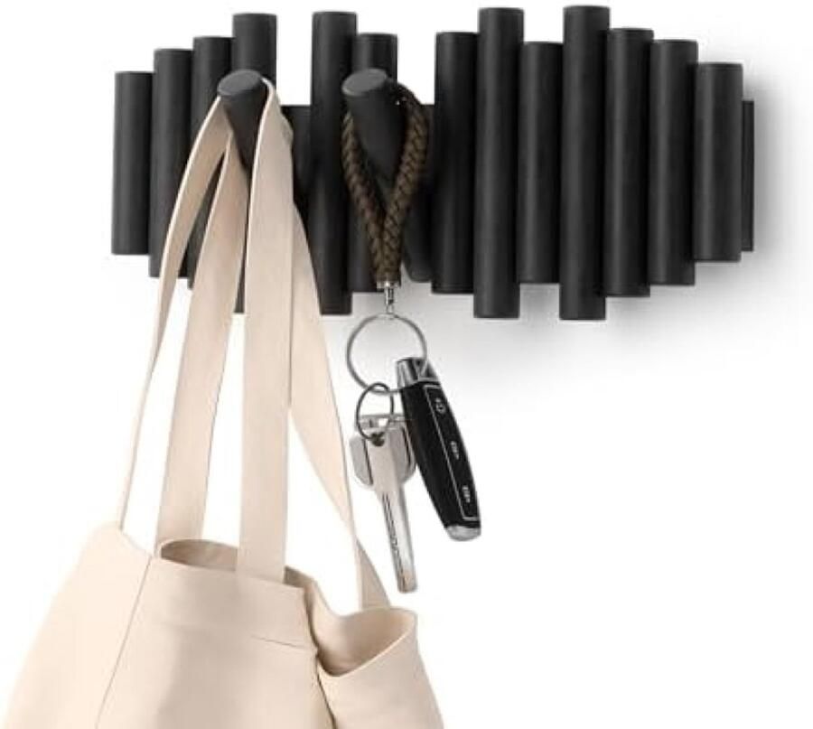 PolkaHome Picket Rail Hook wandkapstok met 5 opklapbare haken Zwart Moderne muurmontage kapstok van grenenhout