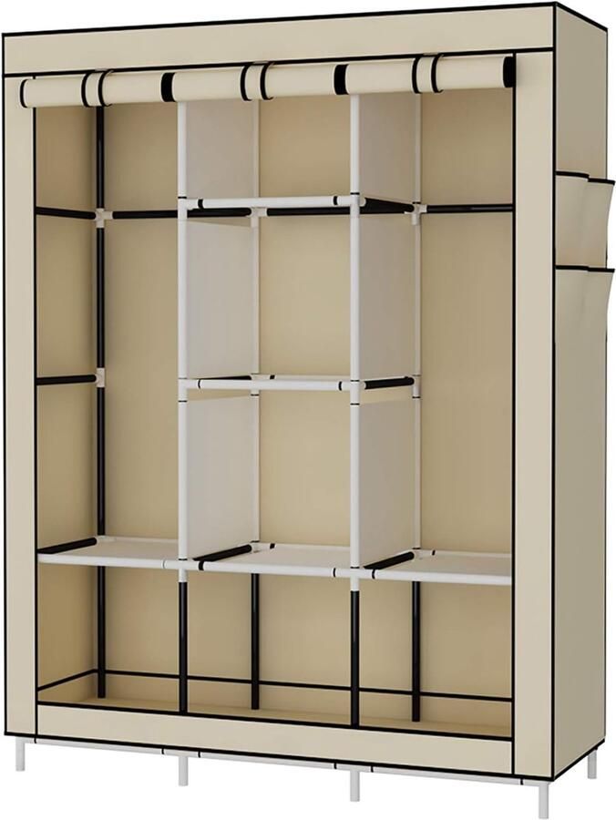 PolkaHome Portable Garderobekast Kleding Organizer Niet-geweven Stoffen Hoes Met 6 Opslagplanken 2 Hangende Secties en 4 Zijzakken Beige
