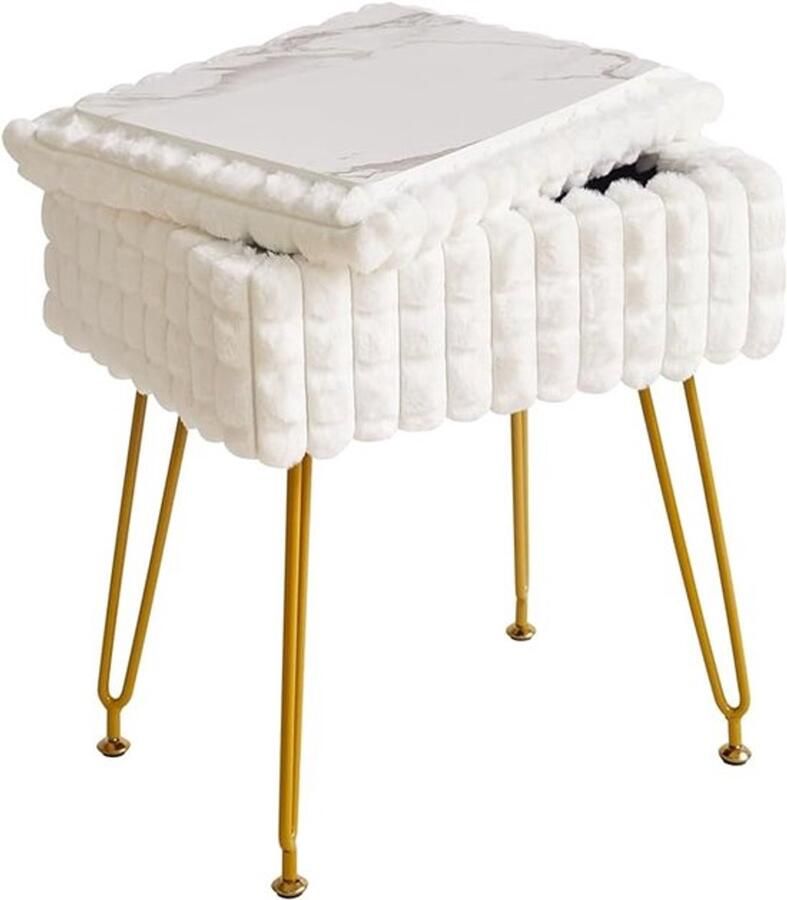 PolkaHome Rechthoekige ijdelheid stoel met opbergruimte voetensteun voetenbank poef ijdelheidskruk make-uptafelstoel met anti-slip voeten voor make-upruimte slaapkamer wit WBD004W