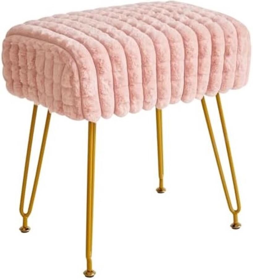 PolkaHome Rechthoekige voetensteun kruk Ottomaanse make-up ijdelheid kruk bijzettafel Fluwelen kaptafel stoel Poef bank kruk Gouden stalen poten Vierkant raster patroon Roze