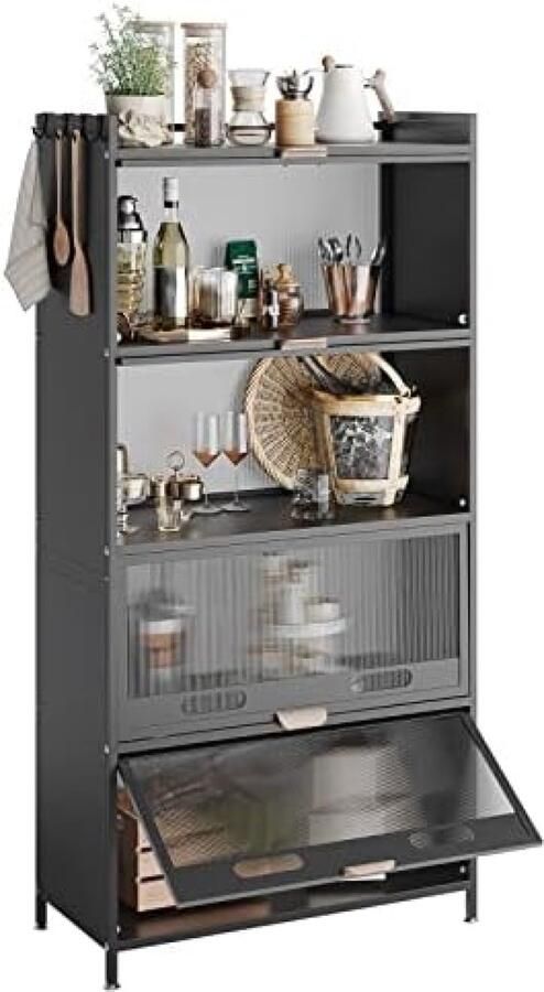 PolkaHome Roestvrij 5-traps keukenrek staand keukenkast met wielen en voeten magnetronkast bakkersrek opbergrek voor keuken woonkamer met zichtbare deuren vintage