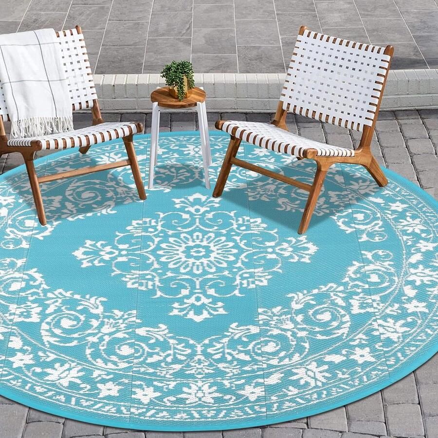 PolkaHome Rond tapijt voor binnen en buiten 180 cm kunststof strotapijt campermat draagbare opvouwbare campingtapijten extra grote vloermat en tapijt voor buiten achtertuin terras picknick