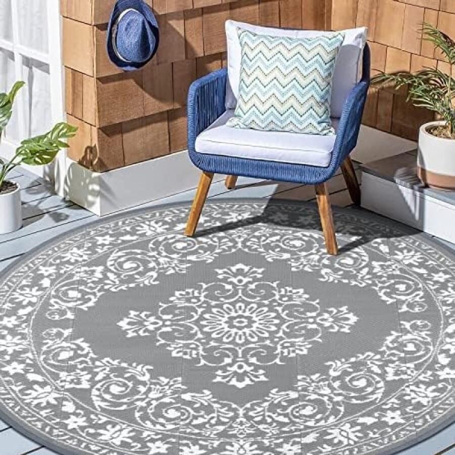 PolkaHome Rond vloerkleed voor binnen en buiten 180 cm kunststof stro tapijt campermat draagbare opvouwbare campingtapijt extra grote buitenmat voor terras achtertuin picknick