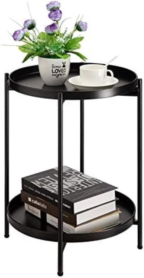 PolkaHome Ronde Bijzettafel Metalen Frame met 2 Lagen Multifunctionele Snacktafel Salontafel Nachtkastje Banktafel voor Woonkamer Slaapkamer Balkon of Terras Zwart