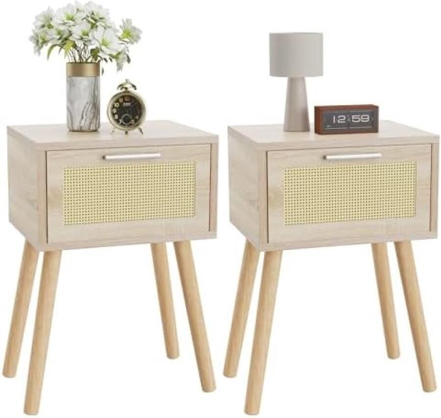 PolkaHome Rotan nachtkastje set van 2 bijzettafel boho-nachtkastje met magnetische lade massief houten poten 35 x 40 x 56 cm banktafel salontafel voor woonkamer kantoor slaapkamer
