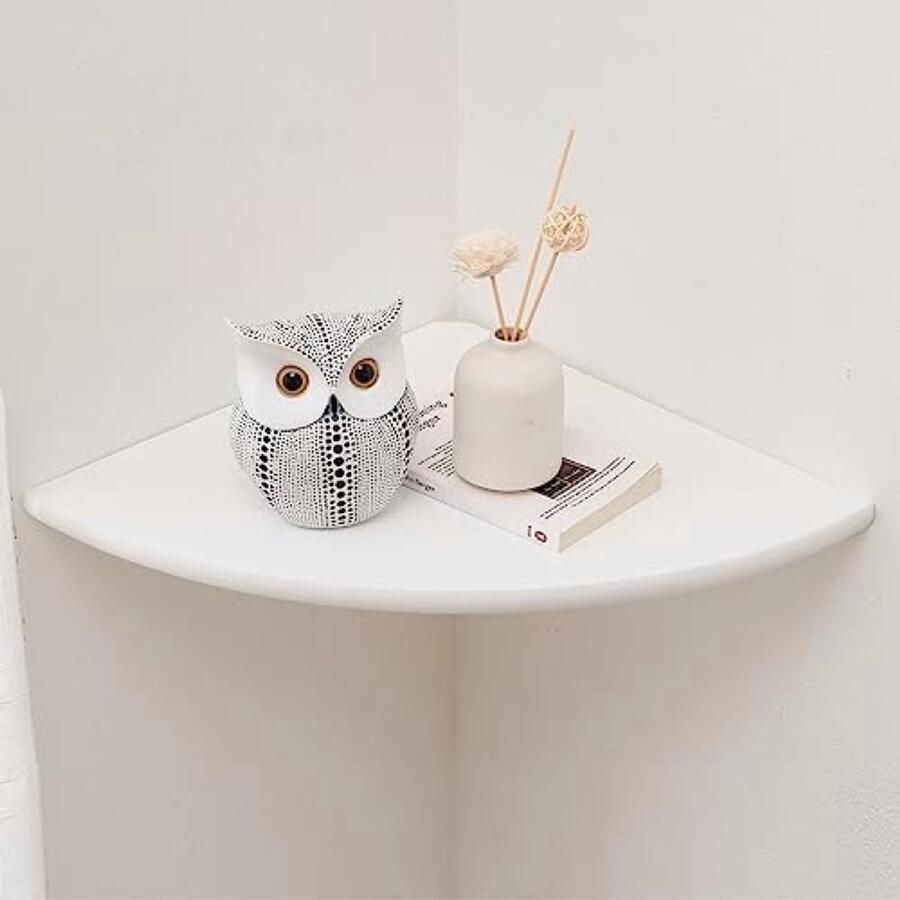 PolkaHome Witte hoekplank wandmontage natuurlijk eikenhout zwevende hoekwandplank ronde einde opbergplank kleine hoekplantenstandaard voor slaapkamer keuken woonkamer