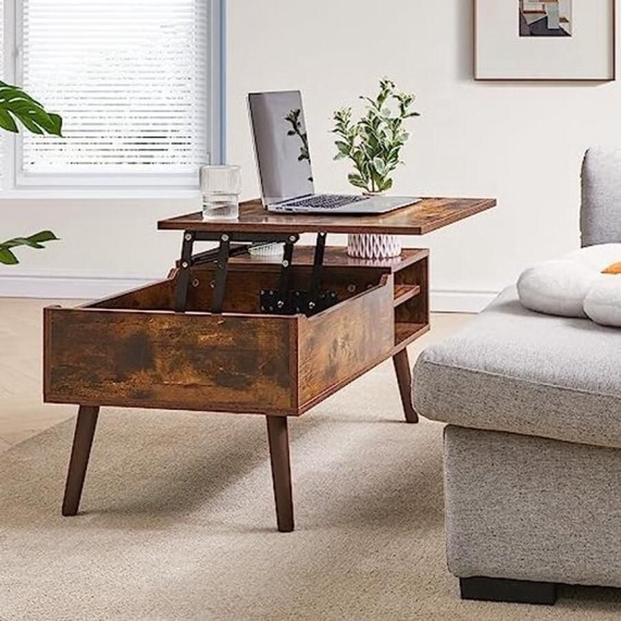 PolkaHome Salontafel met lifttop en verstelbare opbergplank stijgend tafelblad Rustiek Bruin