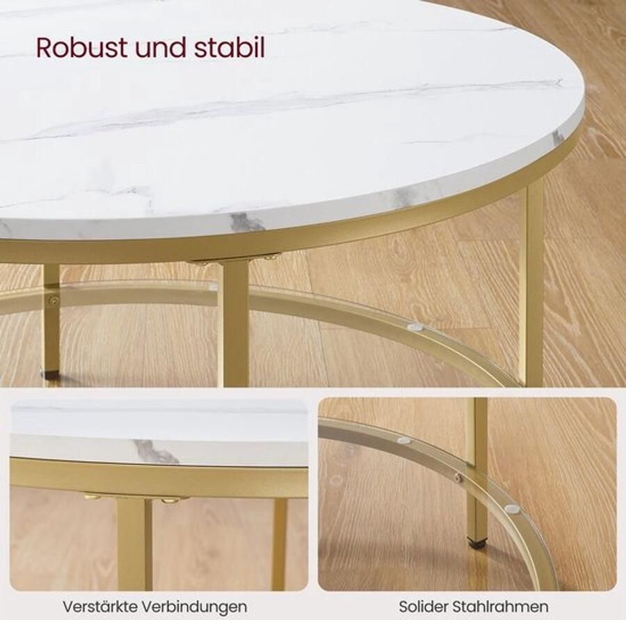Unbranded Signature Home Salontafel Rond Salontafel banktafel woonkamertafel met glasplaat veel opbergruimte Woonkamertafel met glazen blad moderne stijl Marmer Wit-Metallic Goud