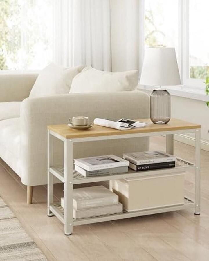 PolkaHome Schoenenbank opbergrek met 2 niveaus organizer schoenenrek 73 x 30 x 45 cm voor entree woonkamer stalen frame industriële stijl beige eiken en wit