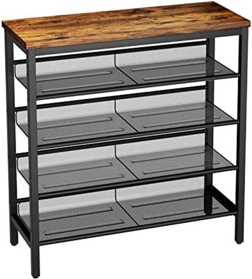 PolkaHome Schoenenrek 5-laags schoenenorganizer met platte en schuine verstelbare plank met 4 verstelbare gaasplanken voor entree woonkamer slaapkamer hal rustiek bruin