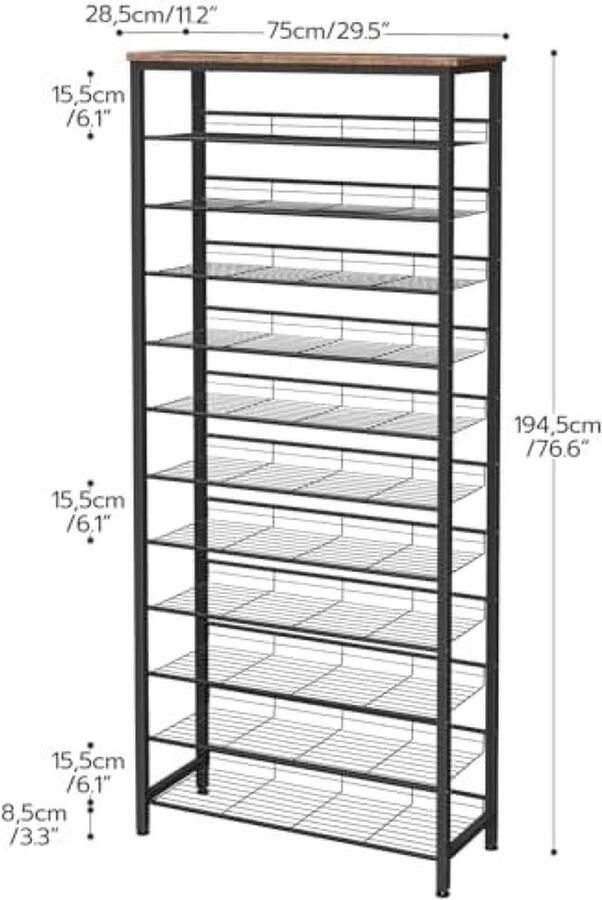 PolkaHome Schoenenrek hoog schoenenopbergorganizer met grote capaciteit schoenenrek met 12 niveaus voor 44-55 paar schoenen 75 x 28 5 x 194 5 cm verstelbare metalen planken schoenenopbergunit