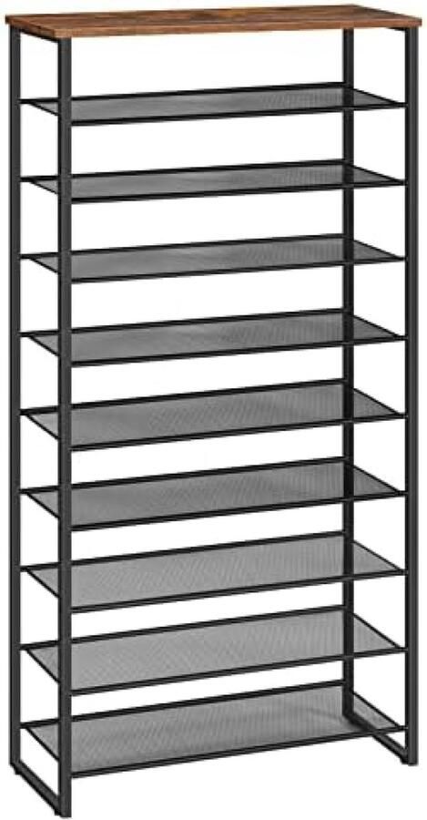 PolkaHome Schoenenrek met 10 niveaus smal schoenenkast schoen organisator voor 32-40 paar schoenen voor hal woonkamer vintage bruin-zwart