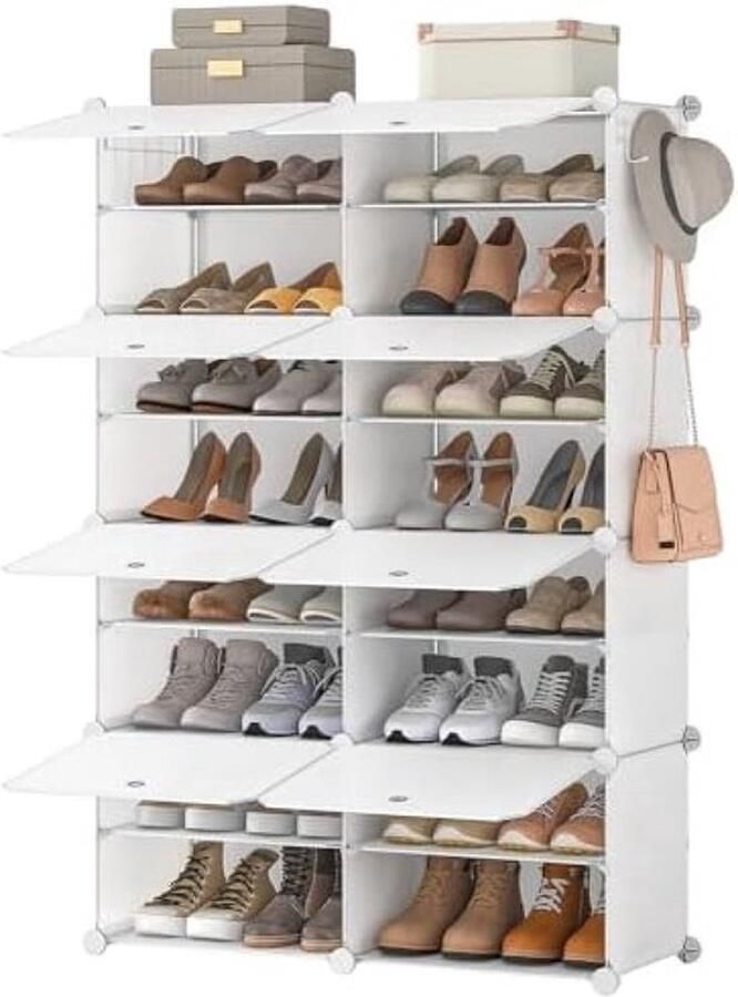 PolkaHome Schoenenrek met 8 vakken schoenenkast kubusrek met deur voor 32 paar schoenen smal kunststof stalen frame voor woonkamer slaapkamer hal ingang EWT28SC01G1