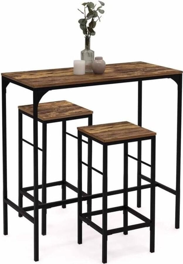 PolkaHome Set bartafel Dayton 100 cm en 2 krukken met antiek effect industrieel design