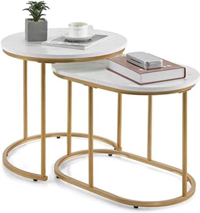 PolkaHome Set van 2 bijzettafeltjes marmer goud salontafel verschillende maten woonkamertafel samenschuifbaar koffietafel bijzettafel modern design nachtkastje
