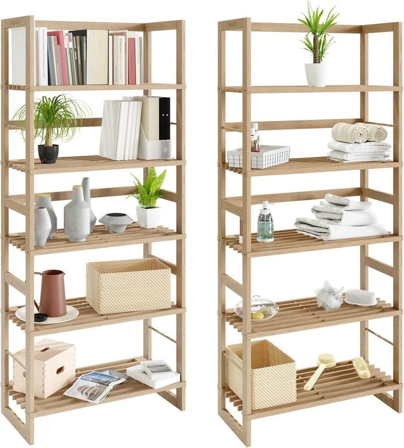 PolkaHome Set van 2 Houten Kasten Rek 5 Legplanken Opbergkast Hout Badkamer Kelder Keuken Planken 135 5x58x27 cm