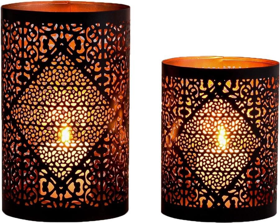 PolkaHome Set van 2 Scandinavische decoratieve lantaarns zwart goud metaal windlicht theelichthouder als lente woonkamer tafel decoratie prachtige kandelaardecoratie voor theelichtjes