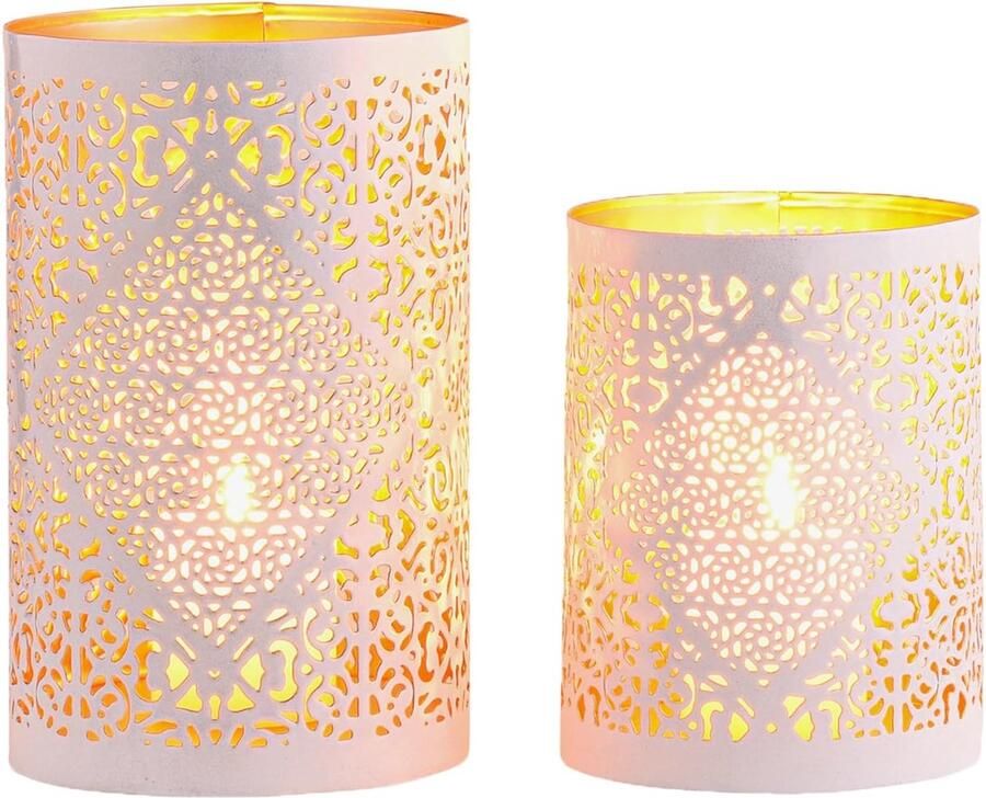 PolkaHome Set van 2 Scandinavische decoratieve windlichten wit goud metaal windlicht theelichthouder als lente woonkamer tafel decoratie prachtige kandelaar decoratie voor theelichtjes