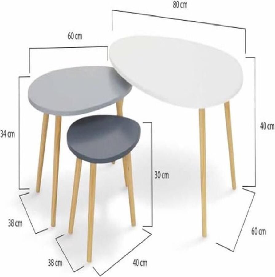 PolkaHome Set van 3 uittrekbare salontafels Gaia gelakt wit grijs Scandinavisch