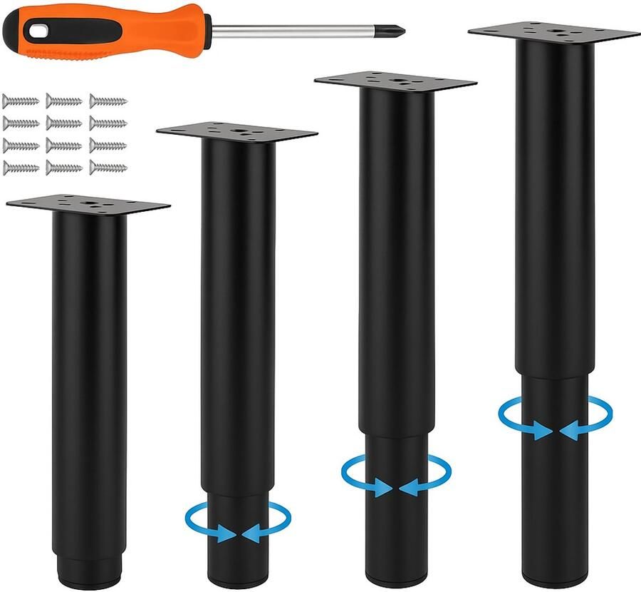 PolkaHome Set van 4 verstelbare meubelpoten zwarte metalen tafelpoten bankpoten kastpoten hoogte instelbaar van 20 tot 37 cm inclusief 18 schroeven en schroevendraaier