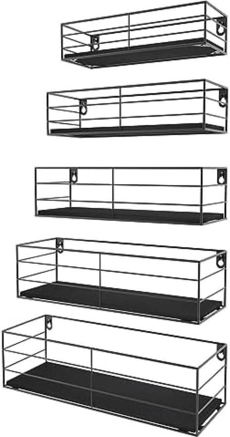 PolkaHome Set van 5 zwevende wandplanken met klassieke zwarte houten plank en zwart metaal voor keuken badkamer woonkamer en kantoor