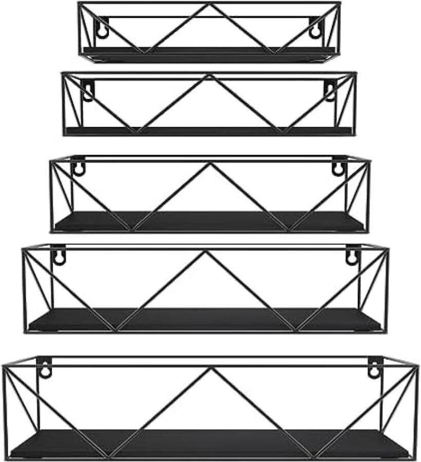 PolkaHome Set van 5 zwevende wandplanken modern zwart design voor woonkamer slaapkamer badkamer of kantoor