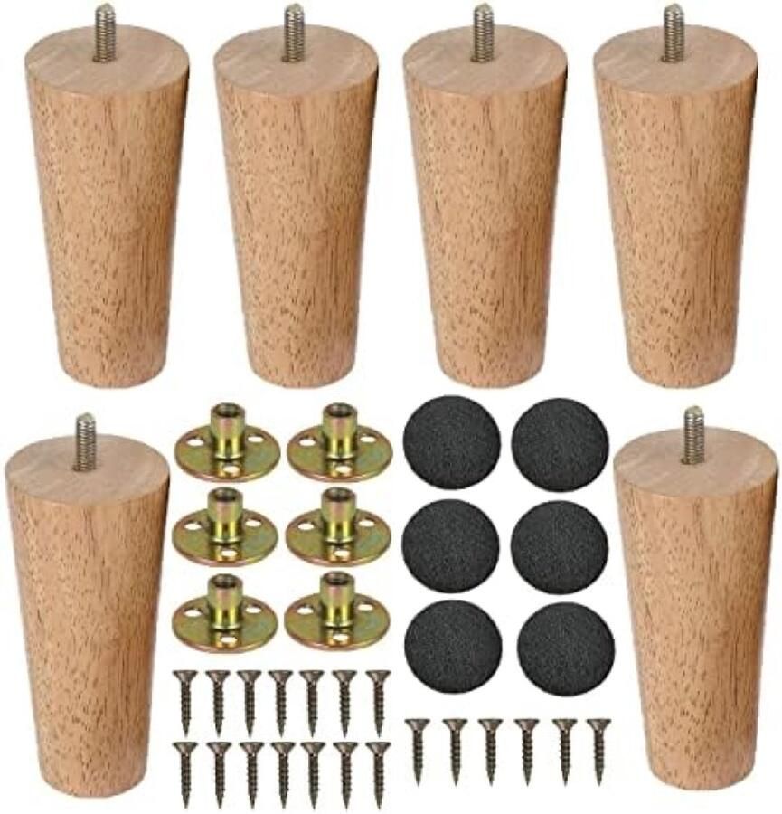 PolkaHome Set van 6 houten meubelpoten conisch model 12 cm hoog inclusief montagemateriaal en viltbeschermers voor tafels banken kasten en meer