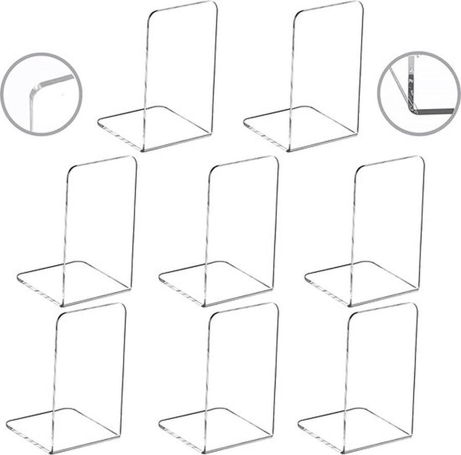 PolkaHome Set van 8 acryl boekensteunen 4 paar transparante boekensteunen boekenhouder plank boekensteunen boekensteun acryl boekenhouder voor kinderen school bibliotheek boekenstopper acryl 12 x 12 x 17 5 cm