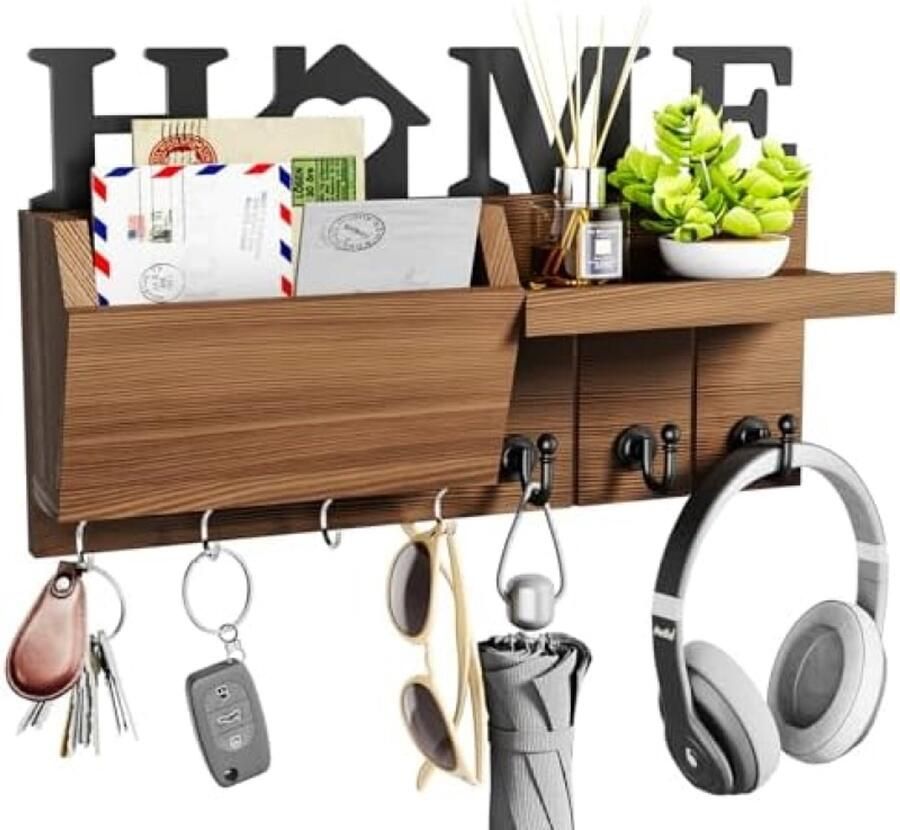 PolkaHome Sleutelhouder Wandhouder Gelaagde Mail Organizer voor Gecategoriseerde Opslag Decoratieve Sleutelrek Hanger voor Muur met 7 Haken Bruin