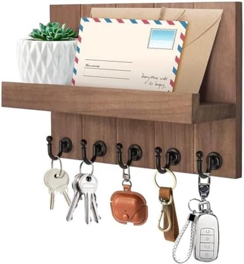 Sleutelrek met plank houten sleutelkast met 5 sleutelhaken sleutelhouder wandrek met plank voor entree hal keuken slaapkamer woonkamer kantoor