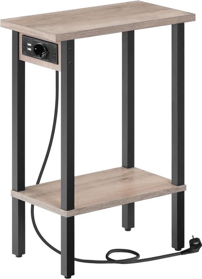 PolkaHome Smalle bijzettafel met 2 niveaus en oplaadstation – verweerd grijs en zwart ideaal voor kleine ruimtes