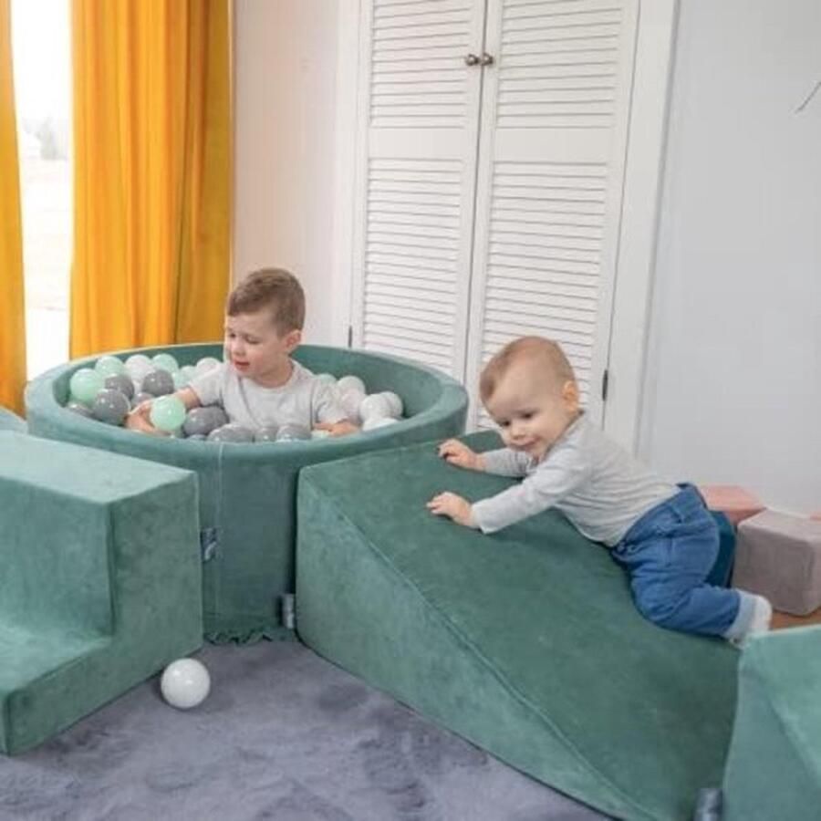 PolkaHome Speeltuin Fluweel Gemaakt Van Schuim Met Fluweel Rond Ballenbad (300 Ballen) Ballenkuilen Voor Baby's Speelbad Hindernisbanen Bosgroen: Wit Grijs Munt