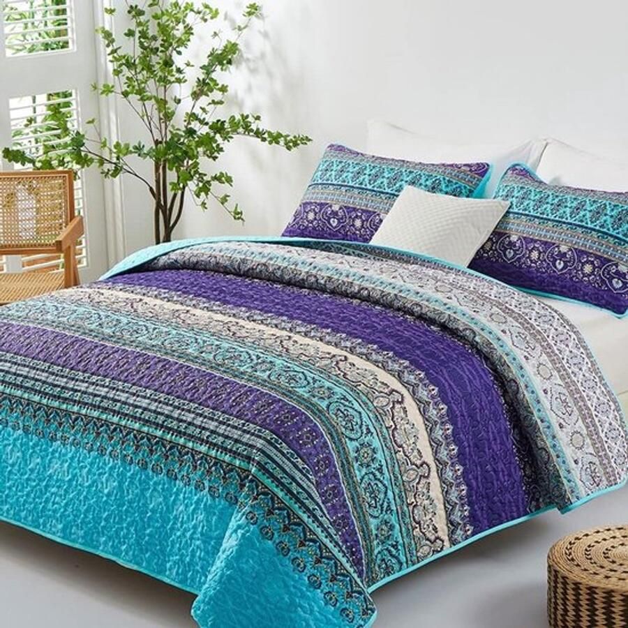 PolkaHome Sprei 240 x 260 cm Boho-stijl gewatteerd tweepersoonsbed Microvezel dekbed Gewatteerde deken 3-delige deken met 2 kussenslopen 50 x 75 cm voor slaapkamer (Bohemian)