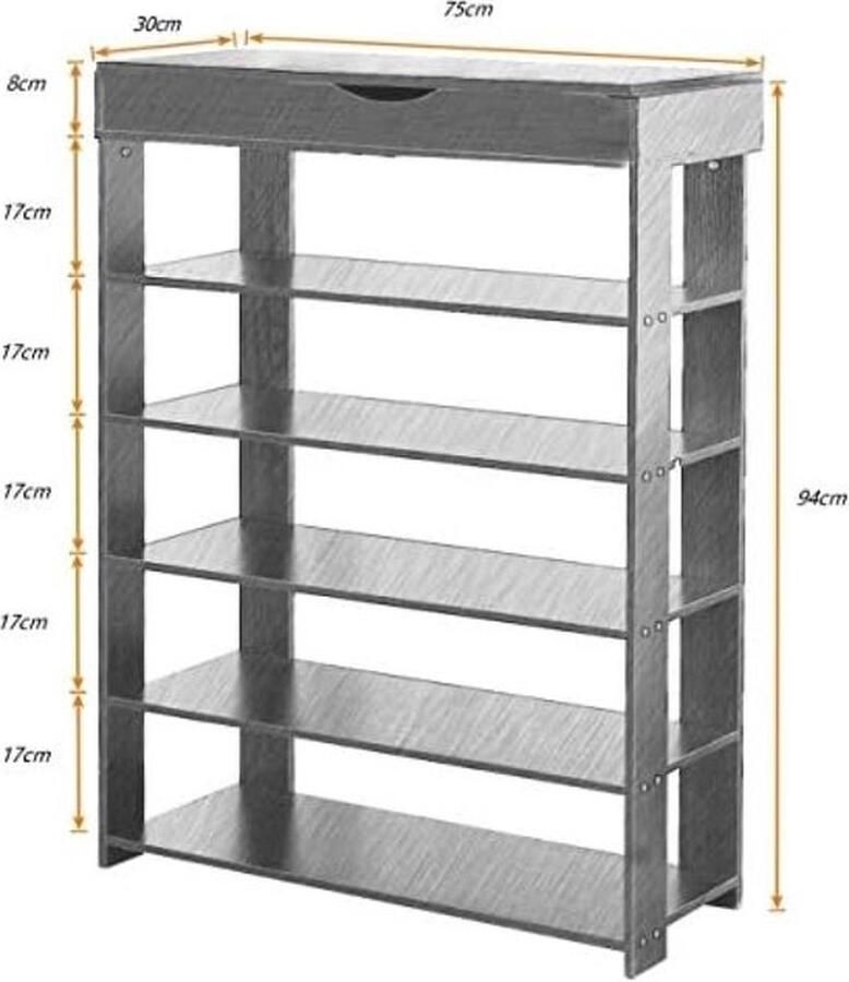 PolkaHome Stabiel en robuust schoenenrek van hout 5 niveaus opslag bij de ingang voor slaapkamer woonkamer 75 x 30 x 94 cm
