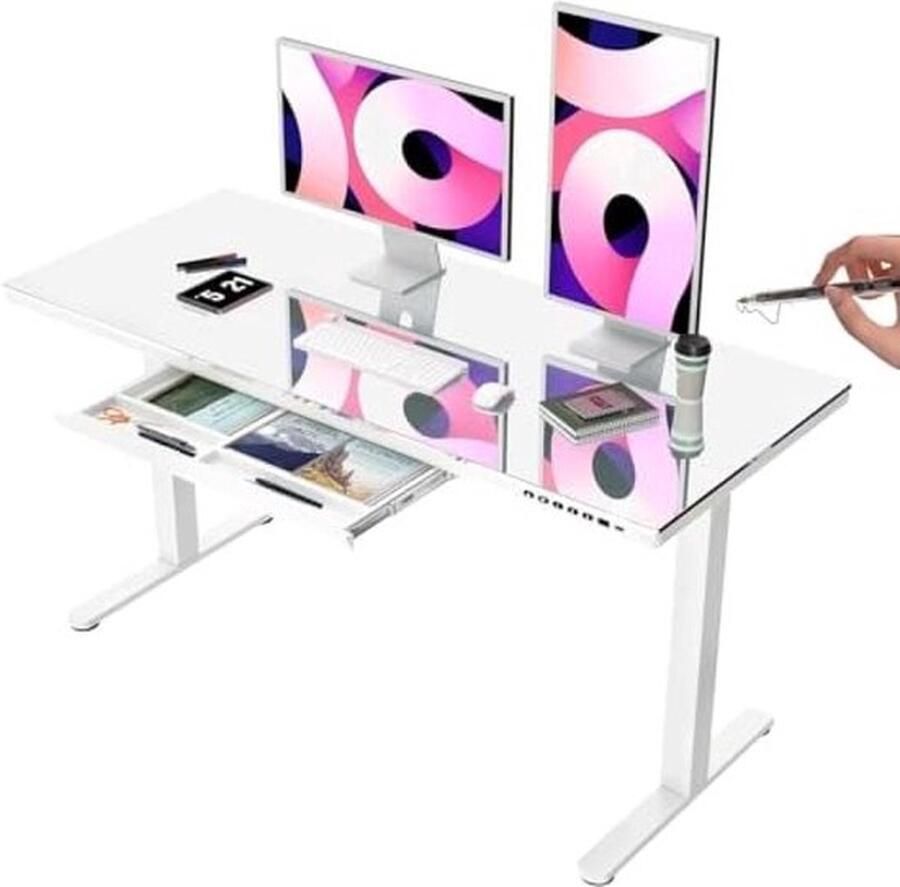PolkaHome Stabureau van glas met laden elektrisch staand bureau met verstelbare hoogte computertafel met USB-poorten 140 x 60 cm