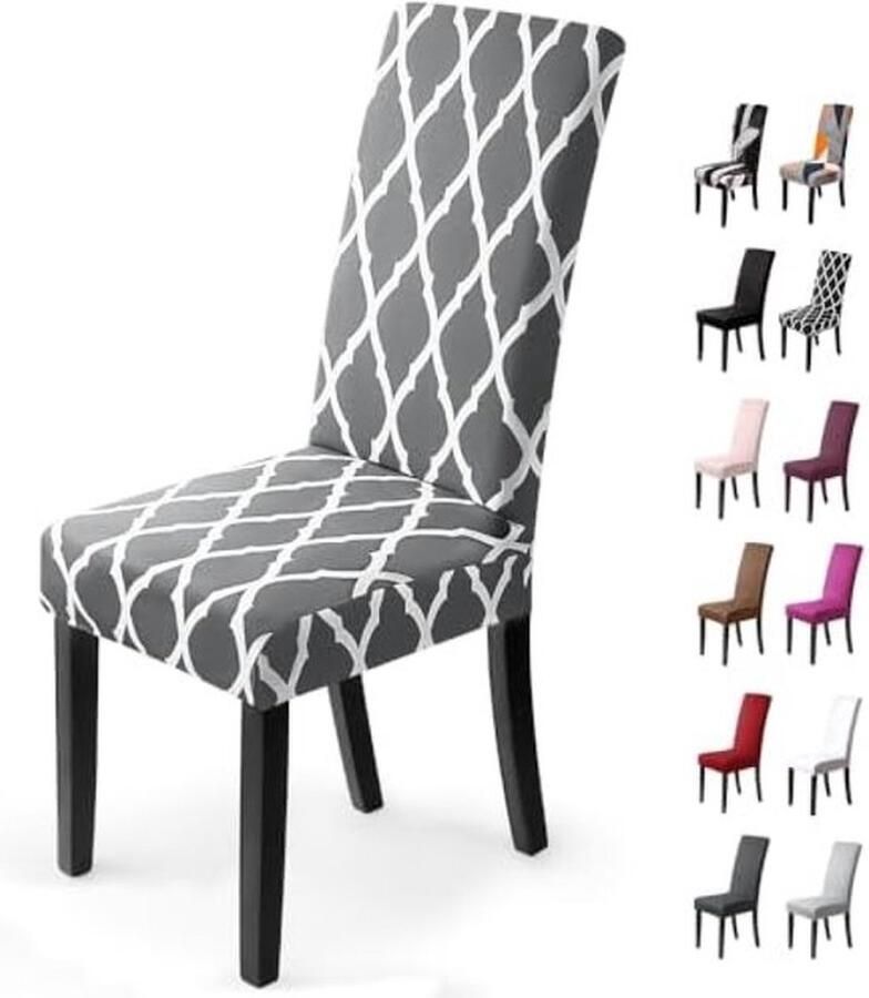 PolkaHome Stoelhoezen Set voor Eetkamerstoelen 4 Stuks Grijs Raster Patroon