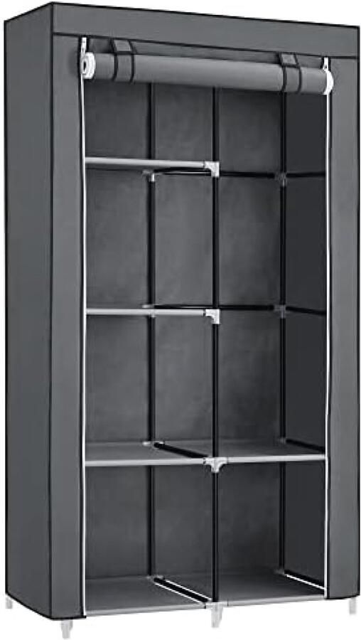 PolkaHome Stoffenkast met 2 Kledingrails en 6 Legplanken 88 x 45 x 168 cm Grijs Ideaal voor Slaapkamer of Kleedkamer