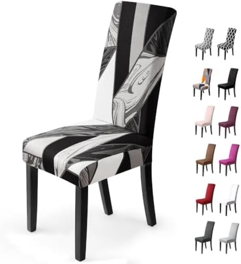PolkaHome Stretch Stoelhoezen 4 Stuks Verwijderbare en Wasbare Stoelhoes voor Eetkamerstoelen Zwarte Geometrisch Patroon Geschikt voor Hotel Restaurant Bruiloft en Feest
