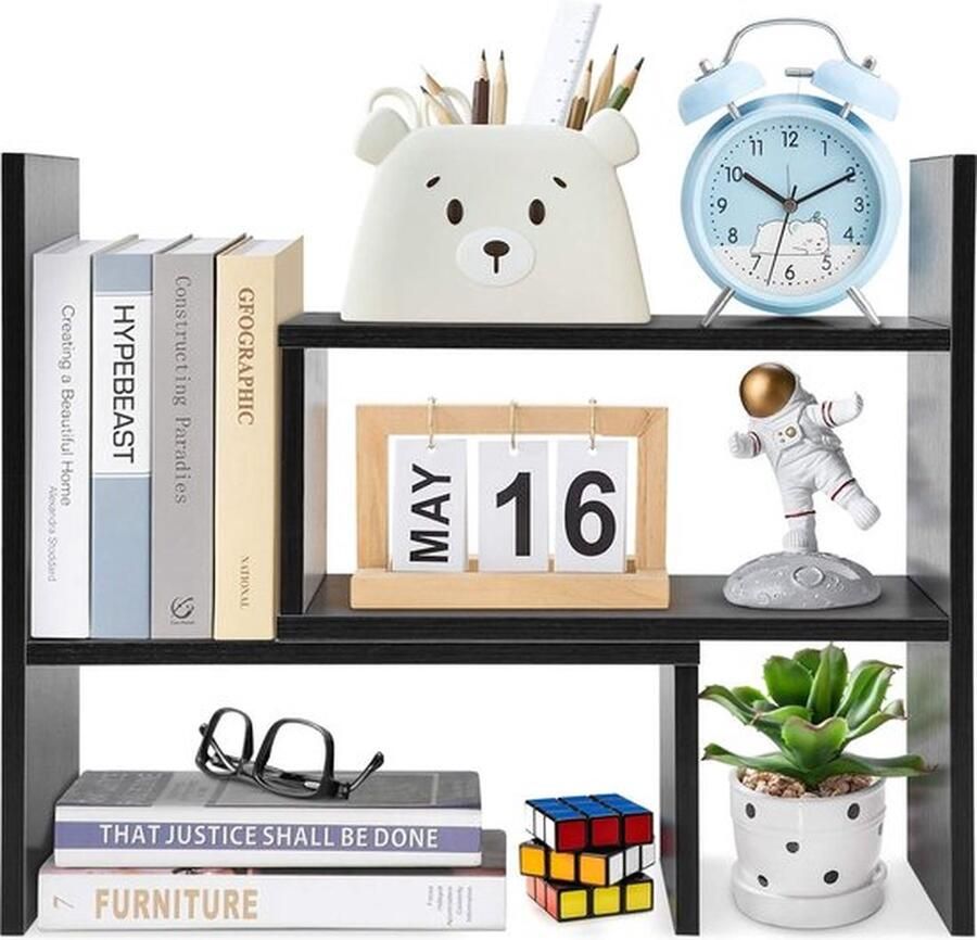 PolkaHome Tafel-organizer kleine boekenkast verstelbaar houten boekenkast kantoorplank bureau-organizer