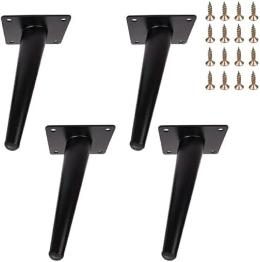 PolkaHome Tafelpoten Metaal Zwart Schuine Meubelpoten Kegelvormige Dressoirpoten Bankpoten voor Tafels Banken Tv-Kasten Stoelen en Kasten Set van 4 Stuks (15cm)